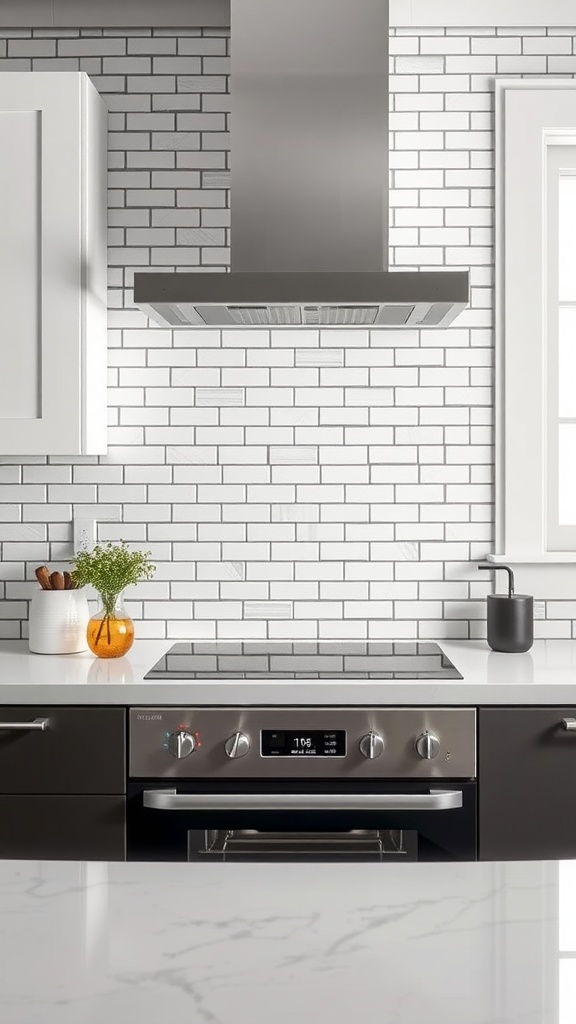 A modern kitchen featuring a simple white subway tile backsplash, dark cabinetry, and stainless steel appliances.