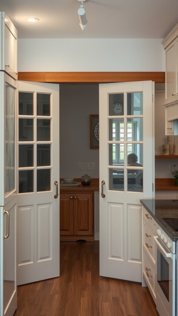 A simple Japanese kitchen featuring elegant sliding doors with glass panels