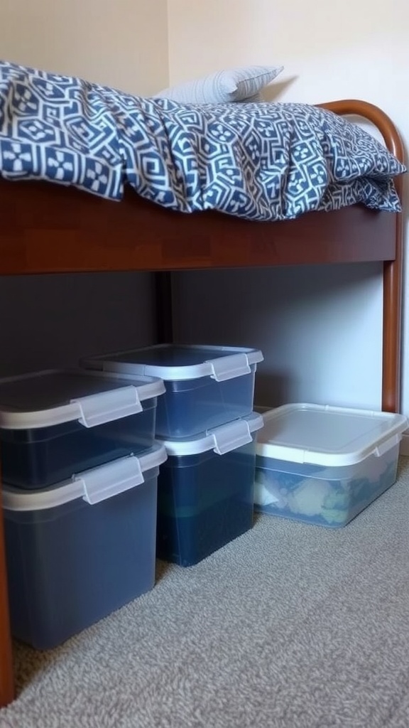 Storage bins placed under a bed for maximizing space in a small bedroom
