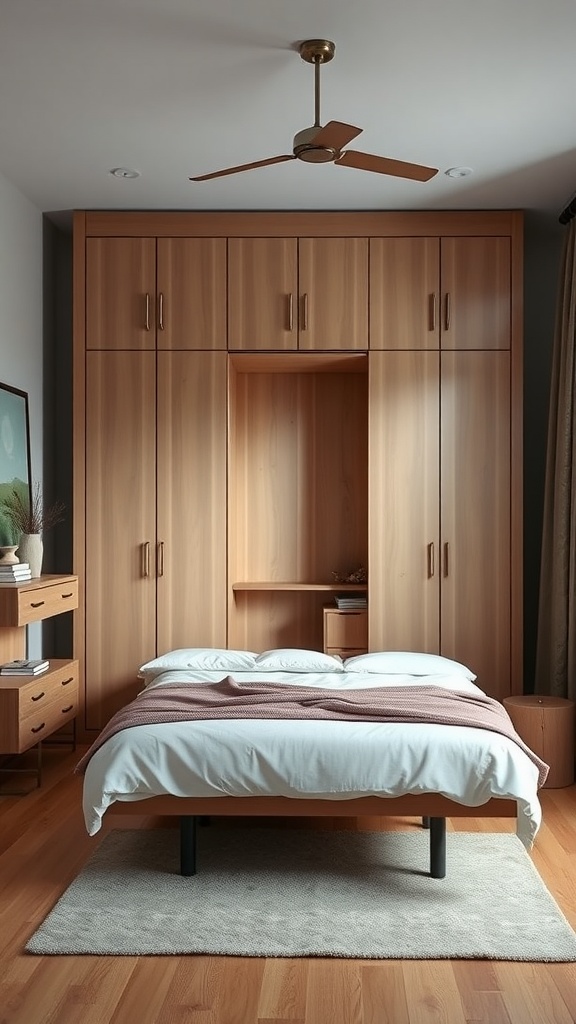 A cozy bedroom featuring a Murphy bed integrated into a wooden cabinet, showcasing warm tones and organized storage.