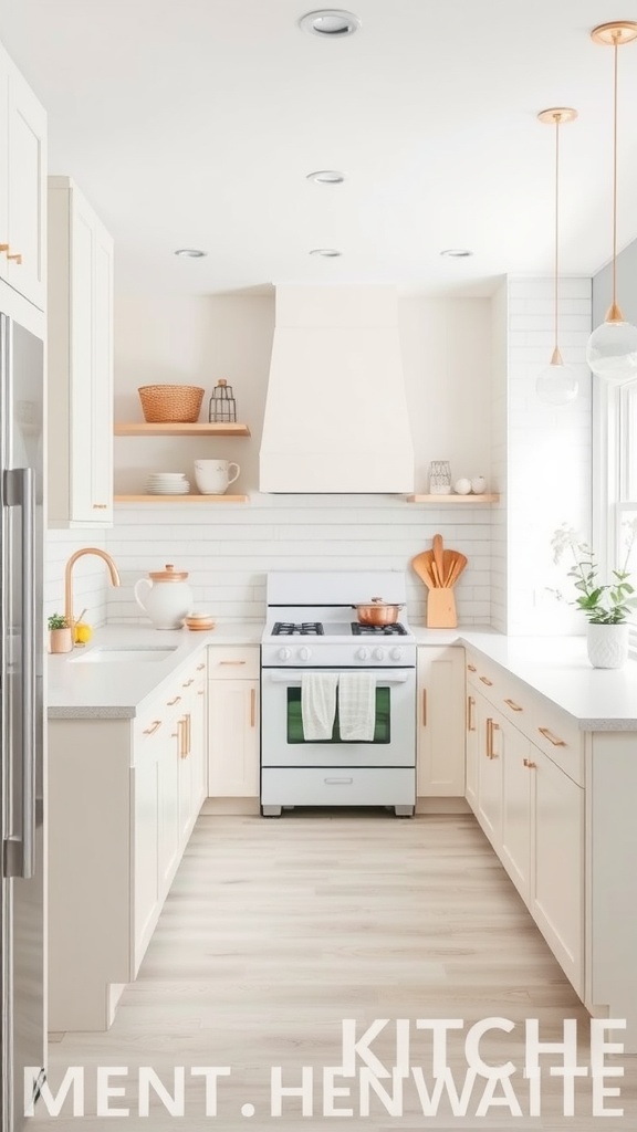 A modern kitchen featuring a neutral color palette with light cream cabinets, sleek countertops, and warm pendant lighting.