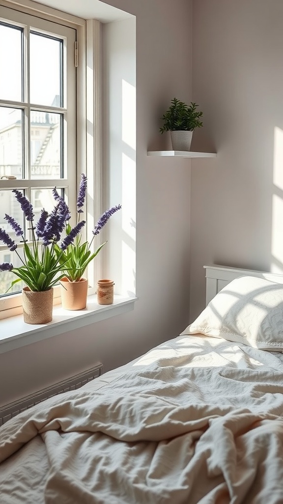 A cozy bedroom corner with aromatic plants on a windowsill and a small shelf.