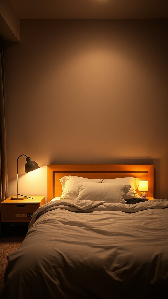 A cozy bedroom with a bed, bedside lamps, and a warm ambiance.