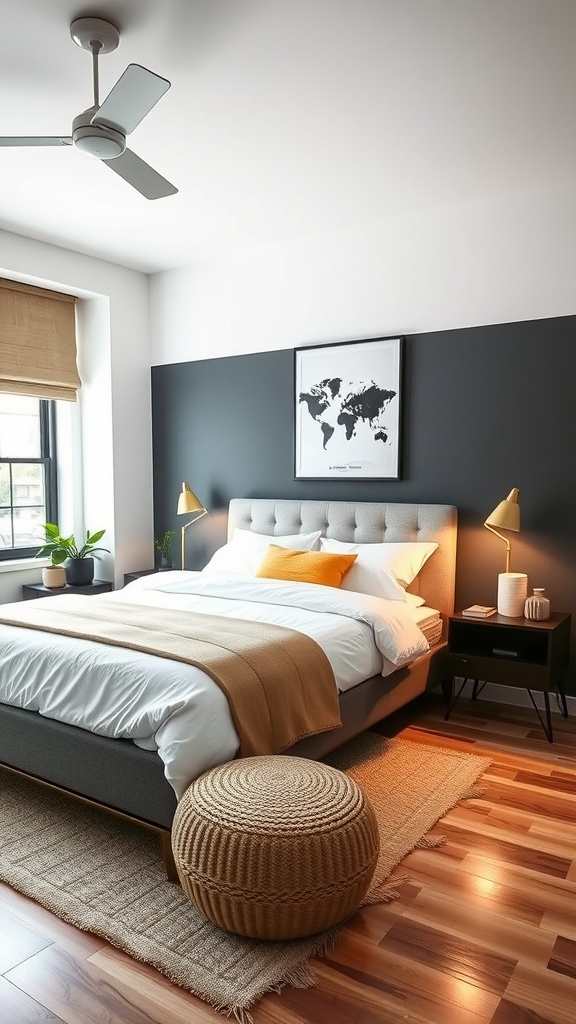 A modern 10x10 bedroom featuring color blocking with dark walls and light furnishings.