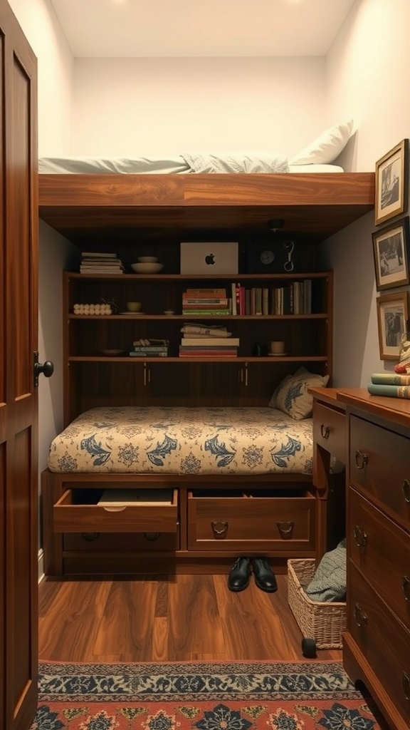 A small bedroom featuring a raised bed above shelves and drawers, demonstrating clever storage solutions.