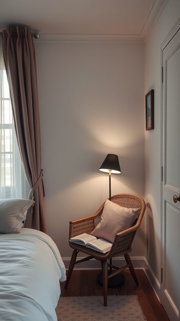 A cozy reading nook with a chair and lamp in a small room