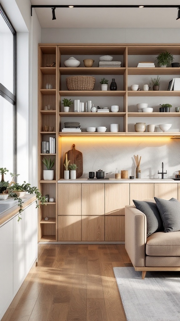 A modern living room with open space, featuring a stylish storage shelf and cozy furniture.