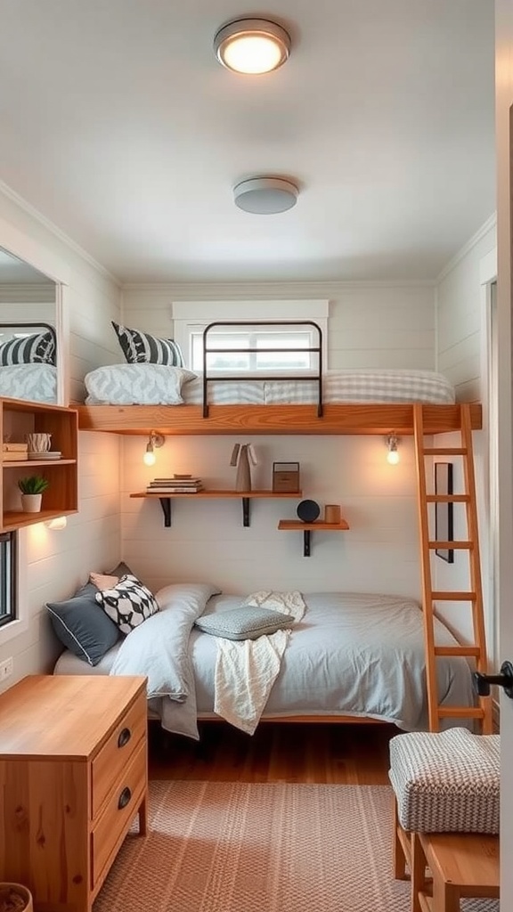 Interior view of a small bedroom with a lofted bed, lower bed, and wall shelves
