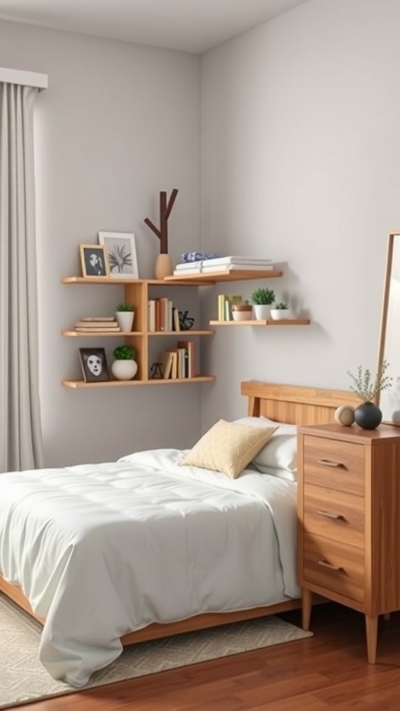 A cozy 10x10 bedroom featuring wall-mounted shelves and a stylish dresser.