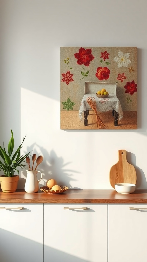 Colorful canvas art of a table with a flowered tablecloth and lemons