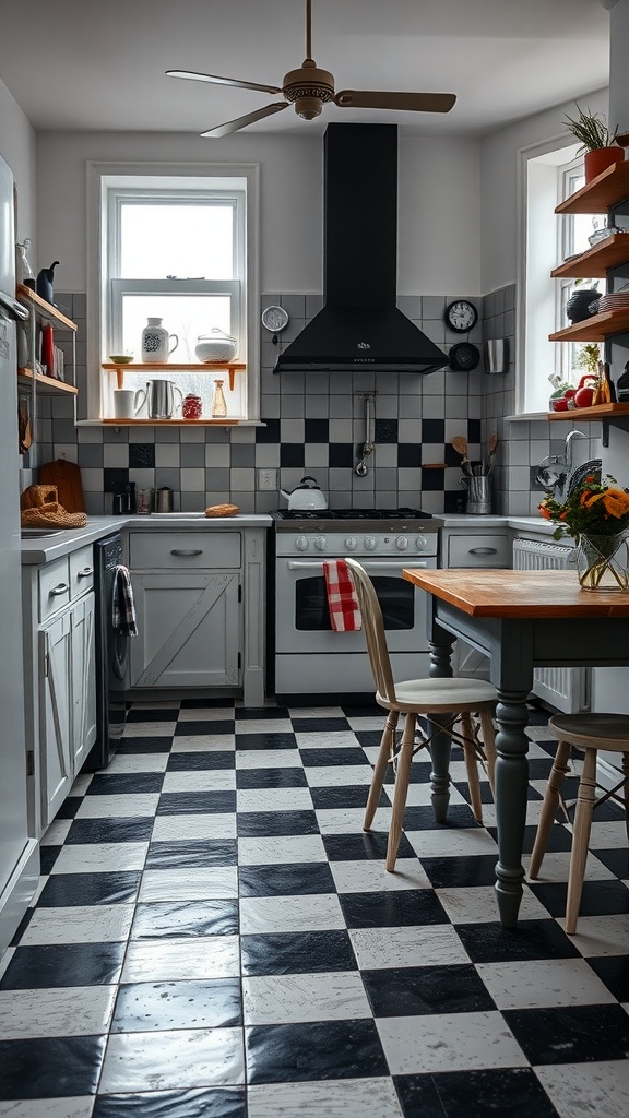A vintage-style kitchen featuring a black and white checkered floor with a wooden table and modern appliances.