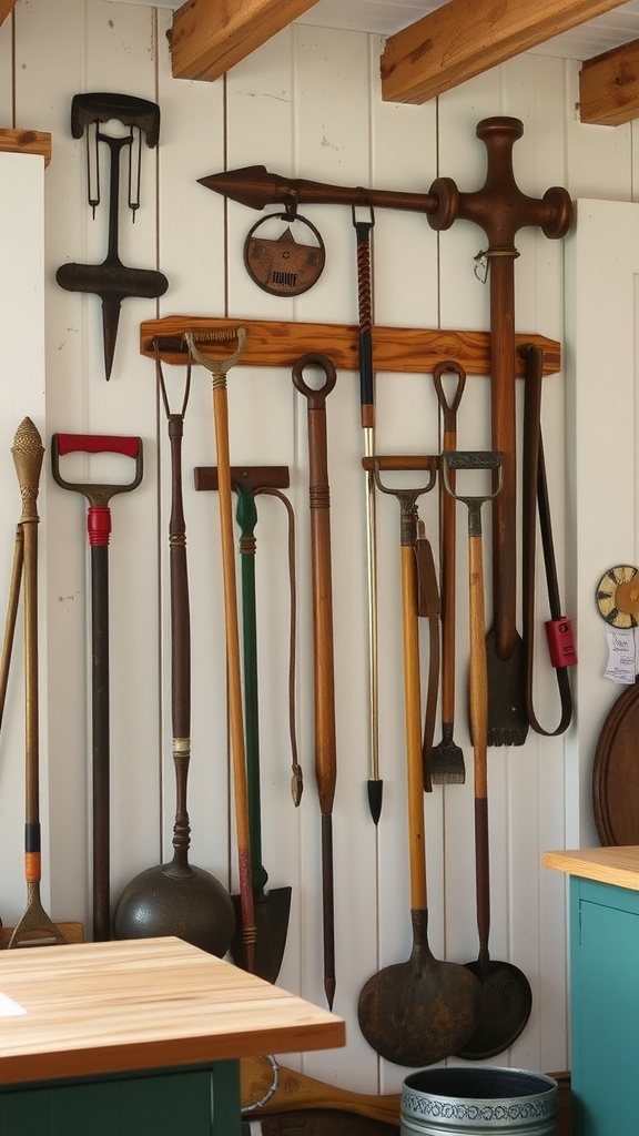Wall adorned with vintage farm tools like rakes and shovels