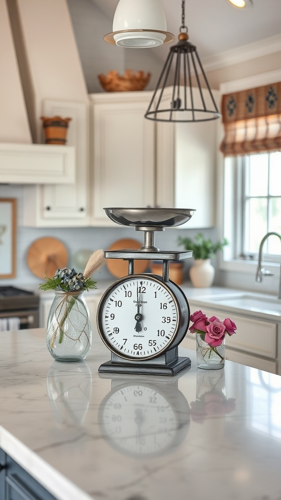 Vintage kitchen scale on a kitchen island with flowers