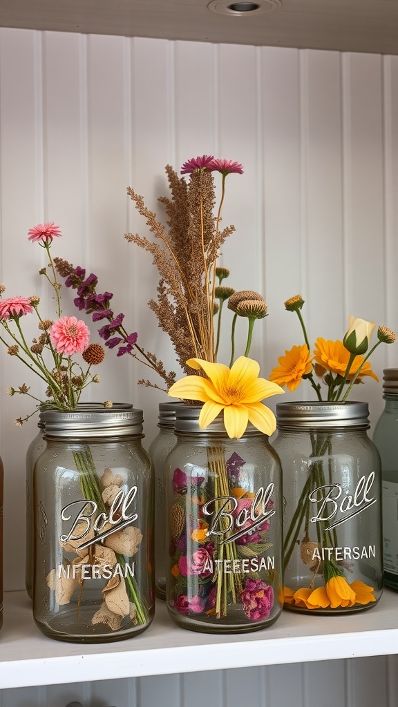 Vintage mason jars filled with colorful dried flowers on a shelf