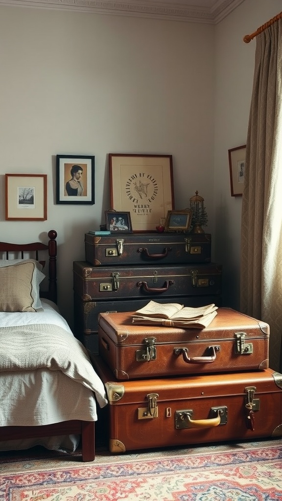 A cozy bedroom with stacked vintage suitcases used for storage, adding a grunge aesthetic.