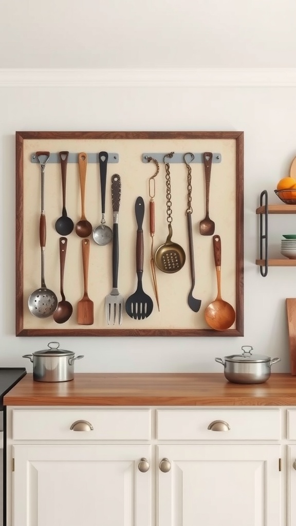 Vintage kitchen utensils displayed on a framed wall in a farmhouse kitchen.