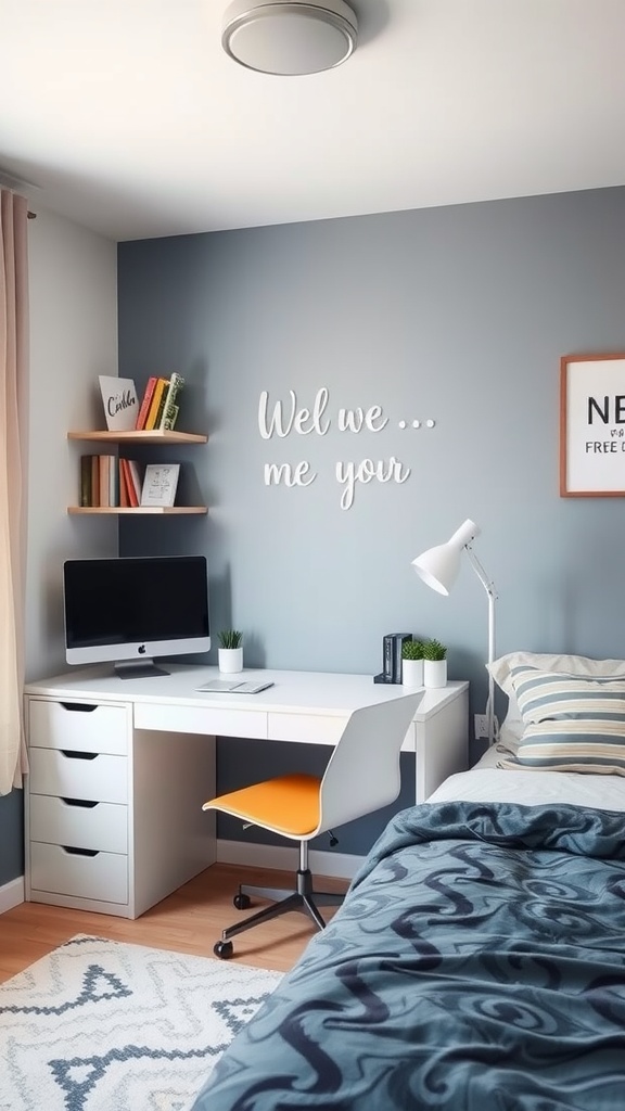 A small bedroom featuring a wall-mounted desk, a stylish chair, and decorative floating shelves.