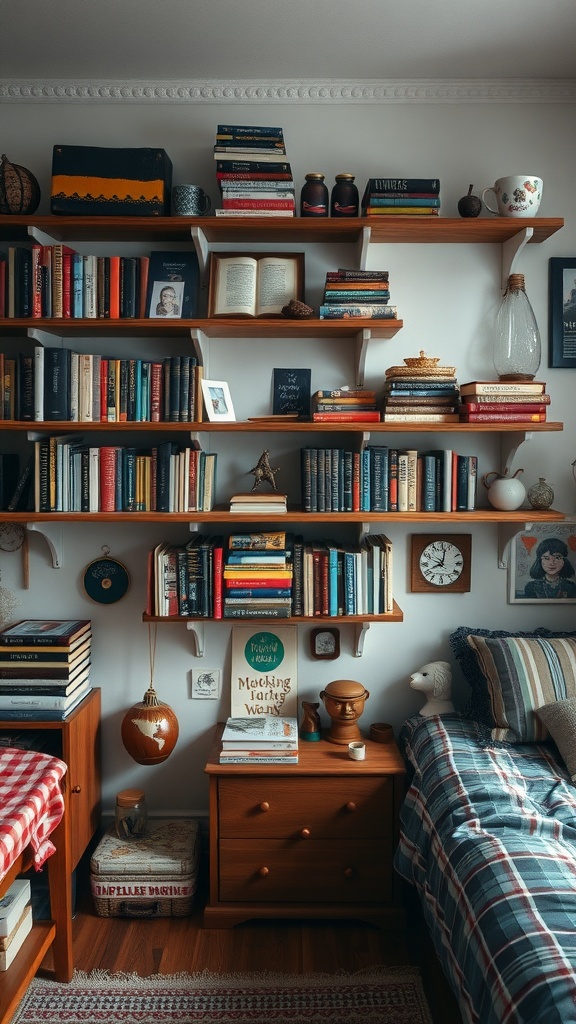 A cozy bedroom featuring wall-mounted shelves filled with books and decorative items, reflecting a grunge aesthetic.