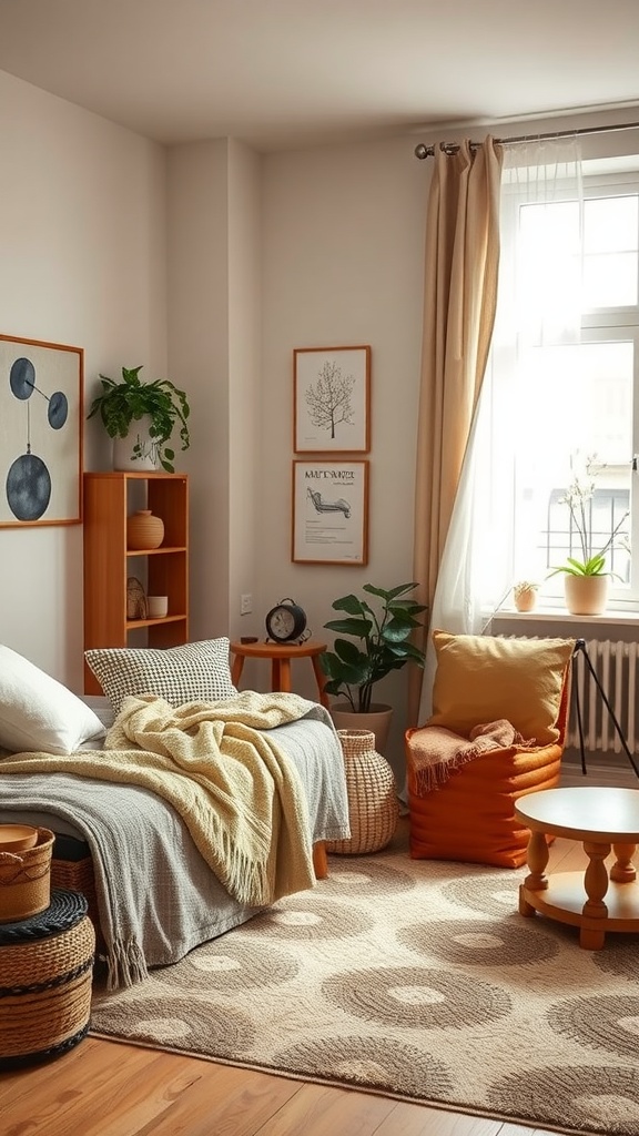 Cozy modern studio apartment with warm color palettes and inviting decor.