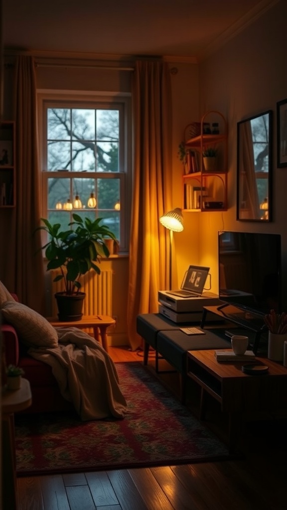 Cozy modern studio apartment with warm lighting and soft furnishings.