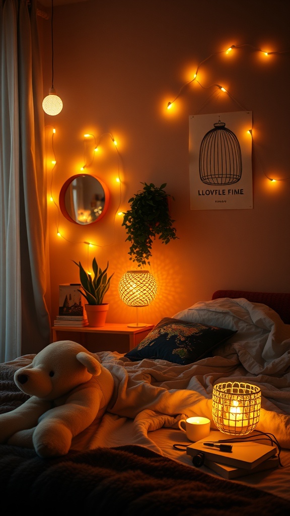 A cozy bedroom with warm lighting, featuring string lights, a pendant lamp, and a bedside table with a warm glow.