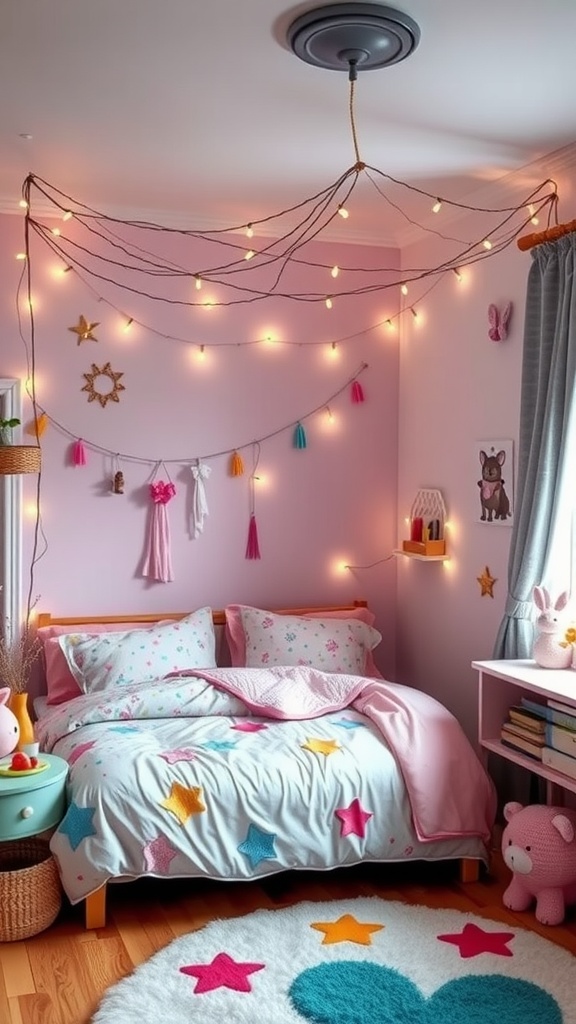 A whimsical bedroom with pink walls, colorful star bedding, and string lights.