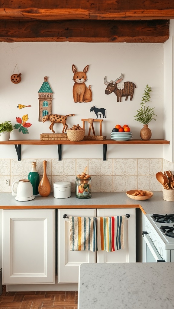 A simple kitchen design featuring whimsical wall art with animal and nature motifs, creating a cozy and inviting atmosphere.