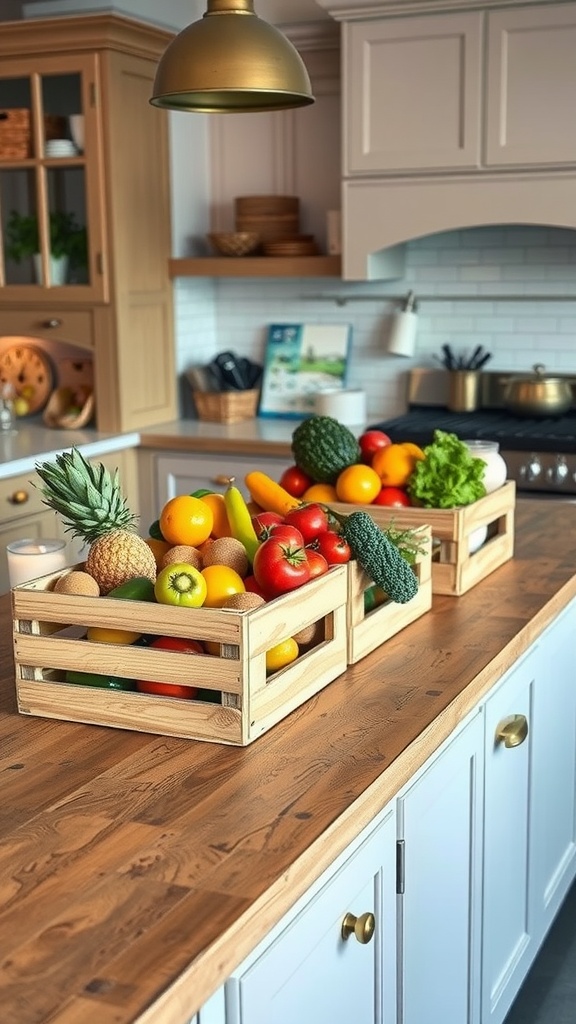 Wooden crates filled with colorful fruits and vegetables on a kitchen island.