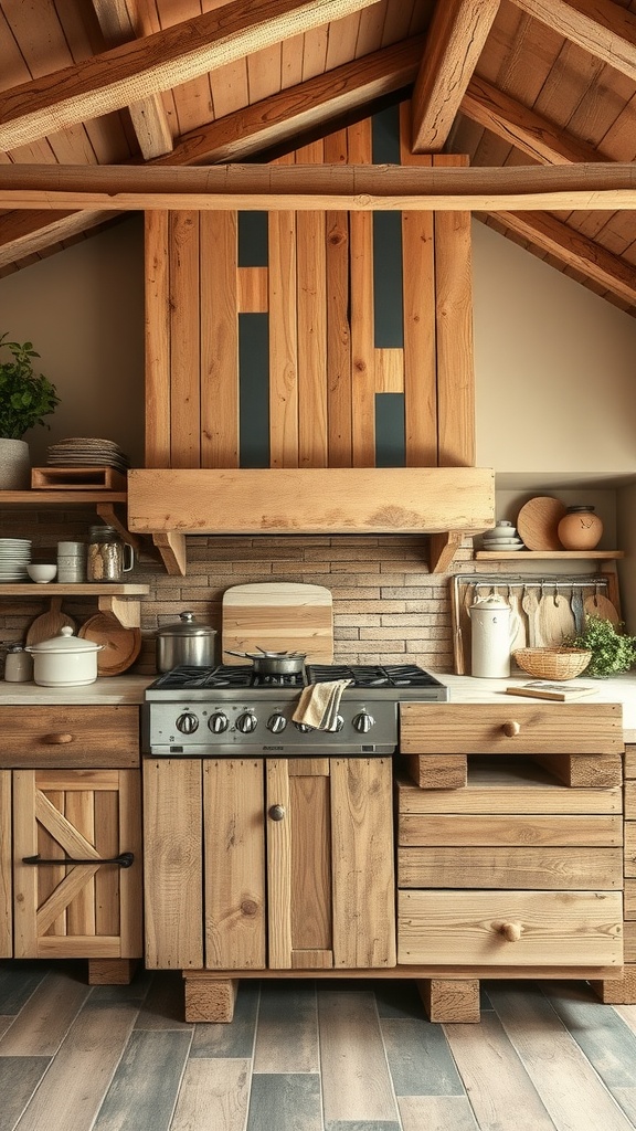 A rustic farmhouse kitchen featuring wooden pallet art installations on the wall, complemented by wooden cabinetry and a cozy atmosphere.