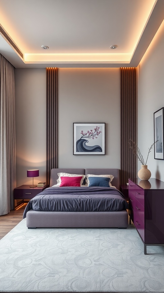 A modern bedroom featuring amethyst accent furniture, with a cozy bed and stylish decor.