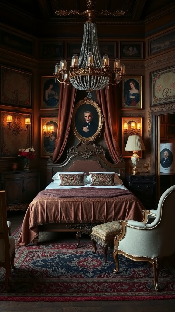 A vintage-inspired bedroom featuring antique decor, rich colors, and elegant lighting.