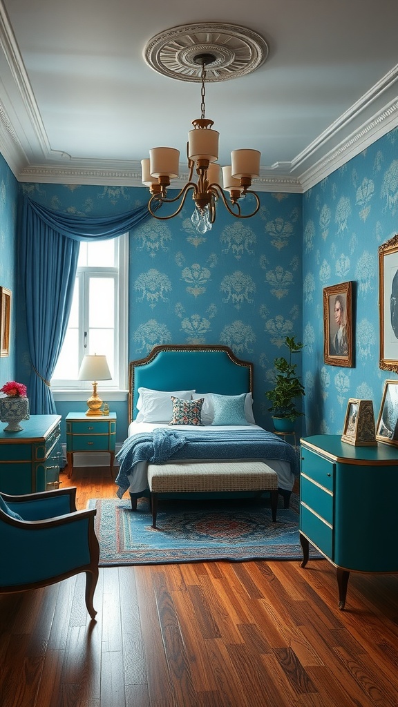 A beautifully decorated bedroom with Art Deco blue accents, featuring patterned wallpaper, elegant furniture, and warm wooden flooring.
