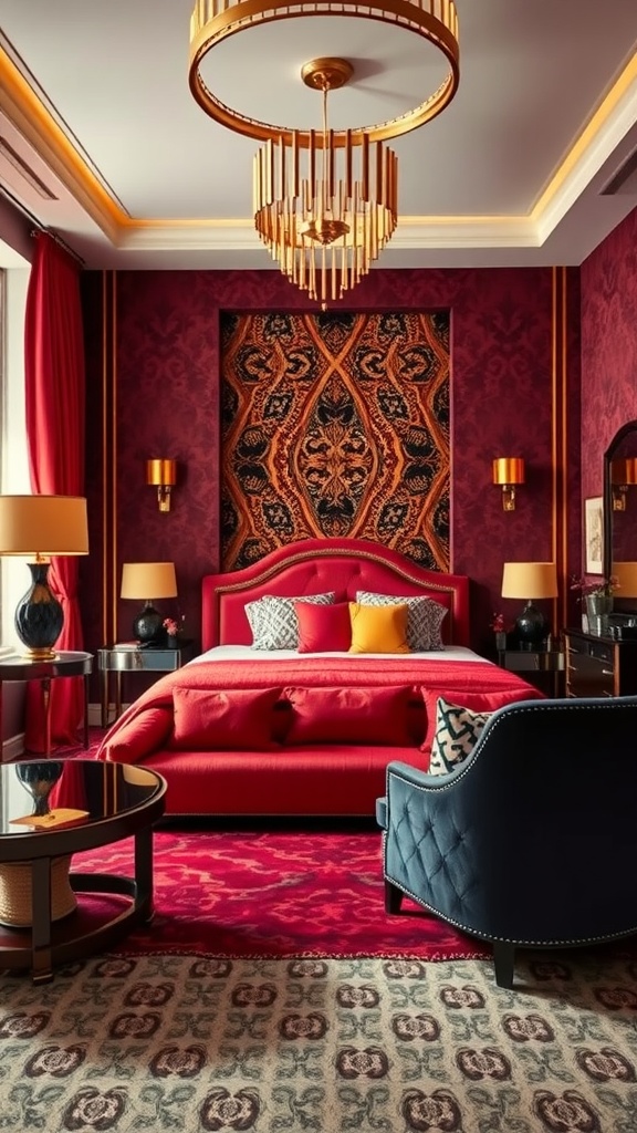A stylish Art Deco bedroom featuring red and gold tones, elegant lighting, and vintage decor.