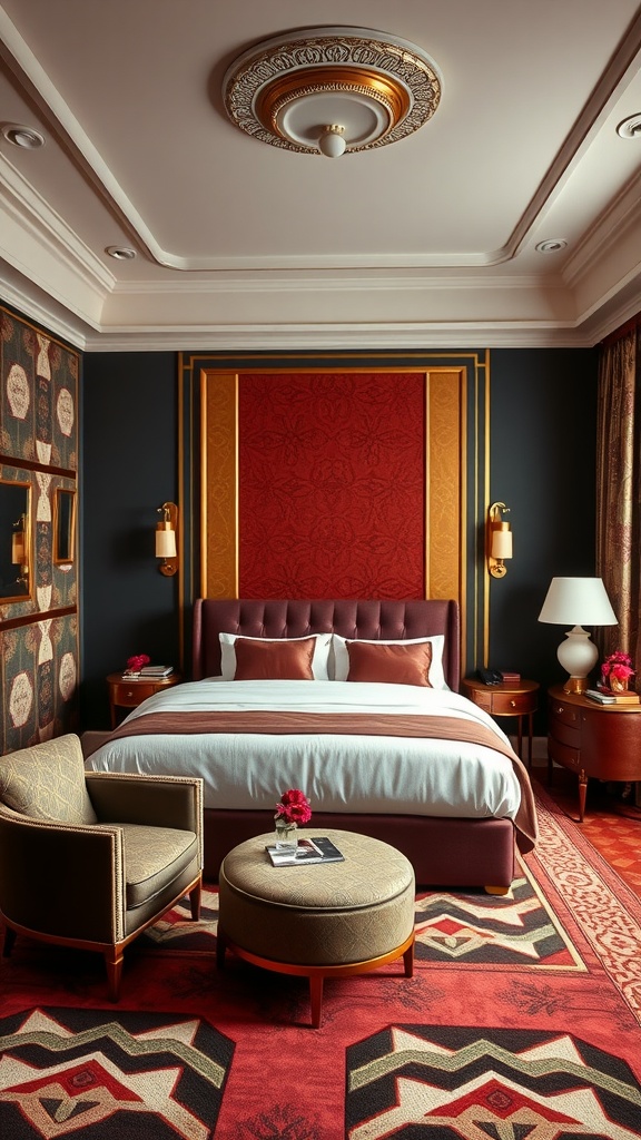 An elegantly designed bedroom featuring Art Deco elements with rich colors and luxurious furnishings.