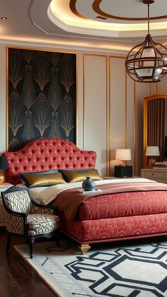 A luxurious Art Deco styled bedroom featuring a red tufted bed, patterned chair, and elegant lighting.