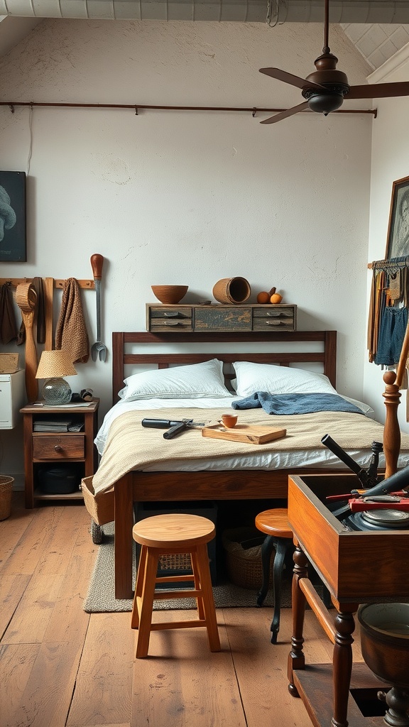 A cozy bedroom featuring artisan workshop aesthetics with wooden furniture, woven baskets, and handmade decor.