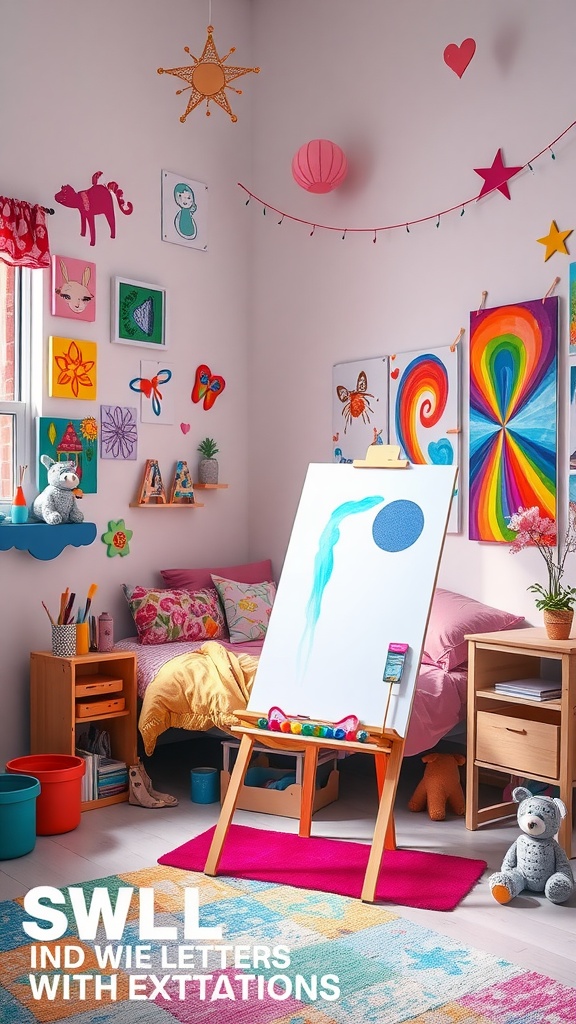 Colorful artistic bedroom with various art supplies and decorations
