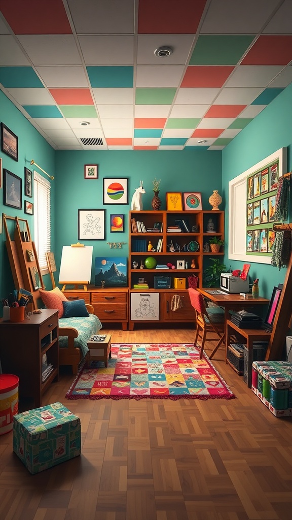 A colorful artistic studio with teal walls, vibrant ceiling tiles, and a cozy workspace.