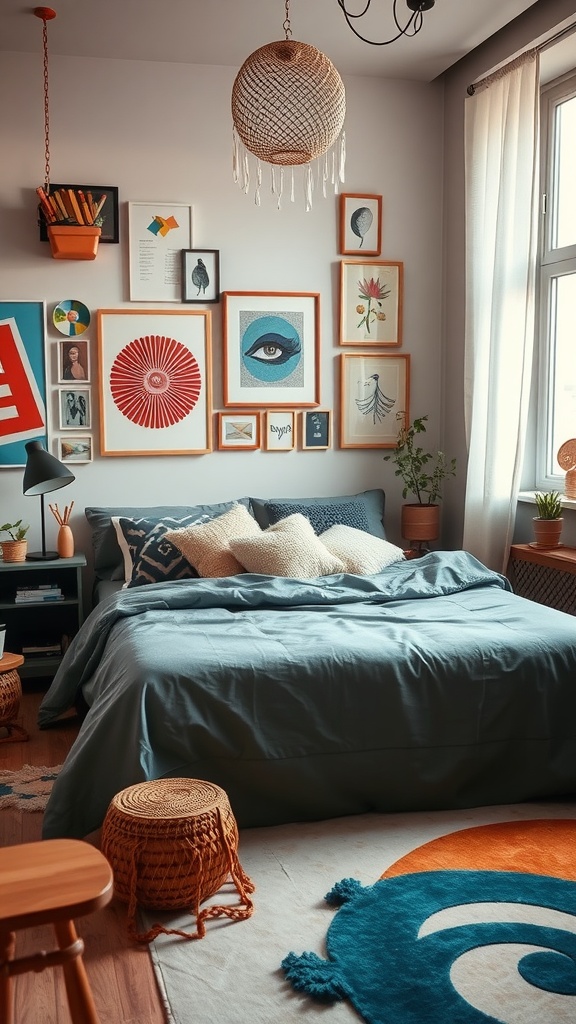 A stylish bedroom featuring a grey bed, colorful artwork on the walls, and a vibrant rug.