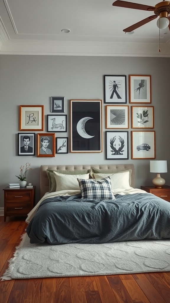 A cozy bedroom featuring a stylish gallery wall with various framed artworks, a comfortable bed, and a warm wooden floor.