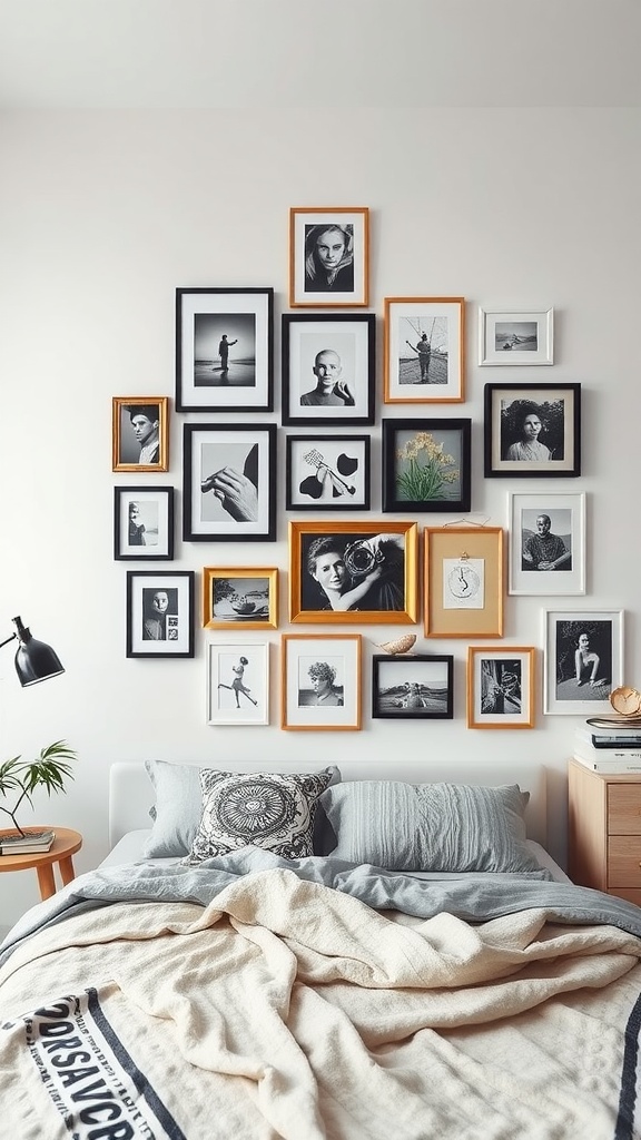 A cozy bedroom with an artistic gallery wall featuring a mix of black and white photographs in various frames above a neatly made bed.