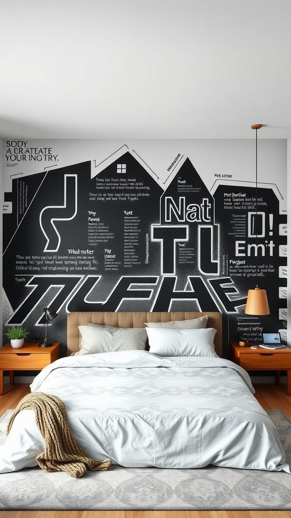 A modern bedroom featuring a bold black and white wall mural with abstract designs and text.