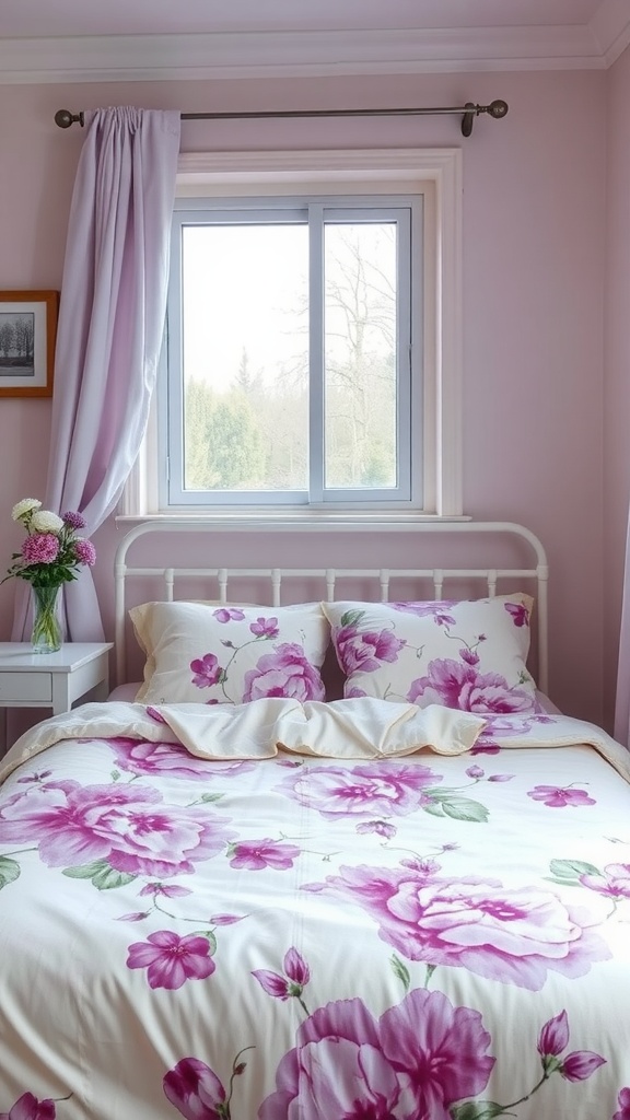 A cozy bedroom featuring floral purple bedding, a white bed frame, and soft curtains.