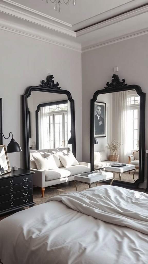 A stylish bedroom featuring black framed mirrors, elegant furniture, and a bright, airy atmosphere.