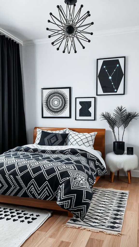A modern bedroom featuring black geometric patterns on bedding, wall art, and decor, with a stylish chandelier overhead.