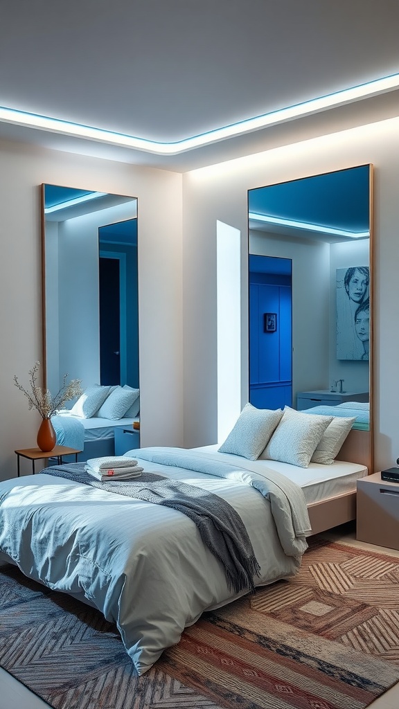 A cozy bedroom featuring blue-tinted mirrors, a bed with soft linens, and a stylish rug.