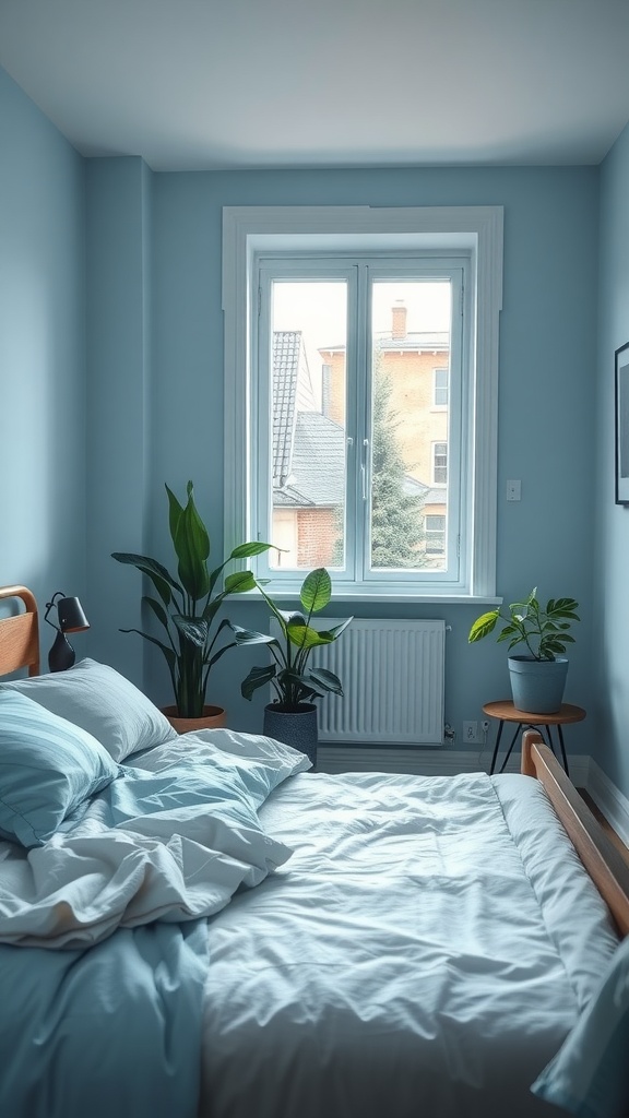 A bright bedroom with blue walls, a neatly made bed, and several green indoor plants by the window.