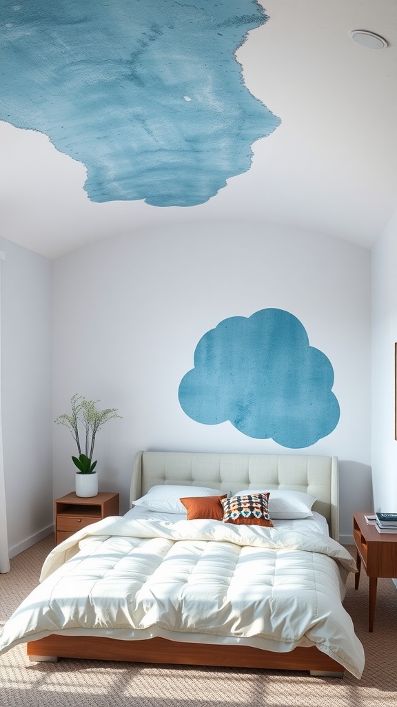 Bedroom featuring a blue accented ceiling and cloud designs on the wall.