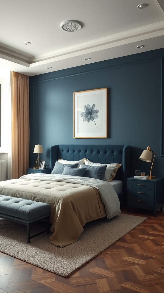 A stylish bedroom featuring a blue and beige color contrast, with a cozy bed and elegant decor.