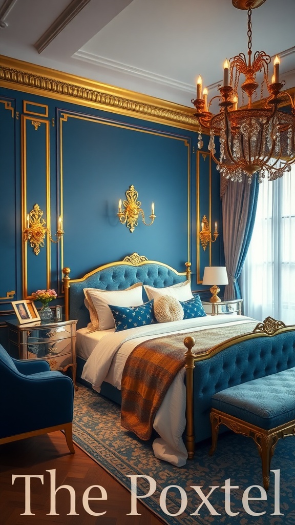 A beautifully decorated bedroom featuring blue walls and gold accents, showcasing a luxurious bed with decorative pillows and a crystal chandelier.